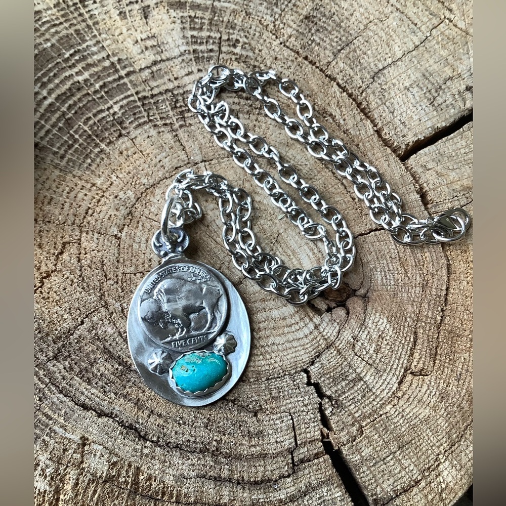 Silver Buffalo Nickel Pendant Necklace with Turquoise